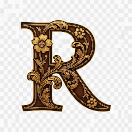 This image features an ornate, decorative letter R with intricate floral and scrollwork designs. The letter is presented on a transparent background, making it suitable for various digital applications. The detailed artwork includes golden hues and elaborate patterns, giving it a classic and elegant appearance.の素材