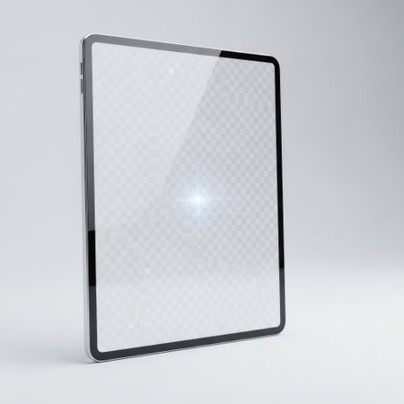 The image features a sleek, modern tablet device with a reflective screen. The tablet is positioned at an angle, showcasing its thin design and smooth edges. The background is transparent, making the tablet the focal point of the image. This image is ideal for use in technology, gadget reviews, or promotional materials.の素材