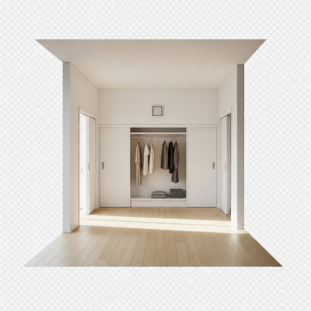 This image features a modern wardrobe with various clothes hanging inside. The wardrobe is open, revealing the neatly organized clothes. The room has a minimalist design with white walls and light wooden flooring. The image is set on a transparent background, making it suitable for various digital applications.の素材