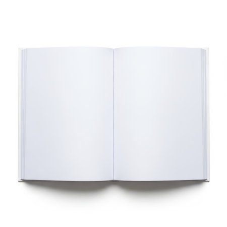 This image features an open book with blank pages, isolated on a white background. The book is displayed with its pages spread wide open, revealing clean, empty pages. The image is on a transparent background, making it suitable for various design applications.の素材