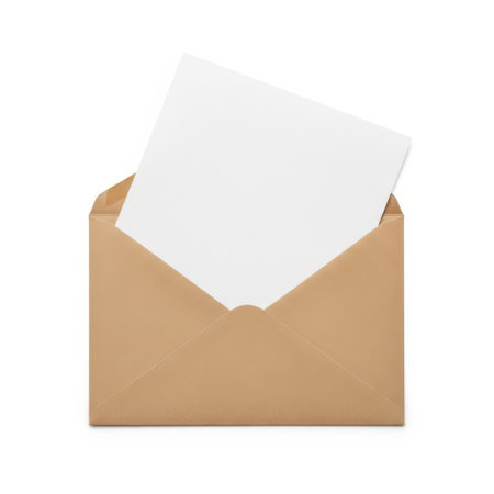 The image features an open envelope with a single sheet of letter paper peeking out. The envelope and paper are set against a transparent background, making it ideal for various design applications. The envelope is brown, and the paper is white, creating a clear contrast.の素材