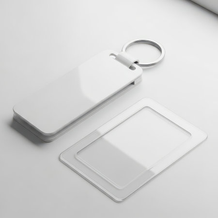 This image features a stack of white business cards accompanied by a keyring holder, all isolated on a transparent background. The business cards are neatly arranged, and the keyring holder is positioned on top of the stack. The overall design is clean and professional, suitable for various business and marketing purposes.の素材
