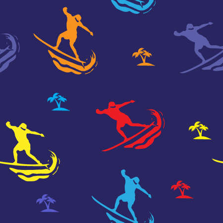 colorful surfer and coconut leaf seamless patternのイラスト素材
