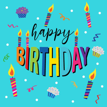 colorful happy birthday text with candle and cup cake backgroundのイラスト素材