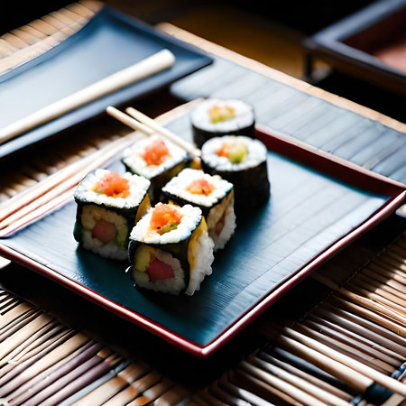sushi on a plate with chopsticks, japanese foodの素材