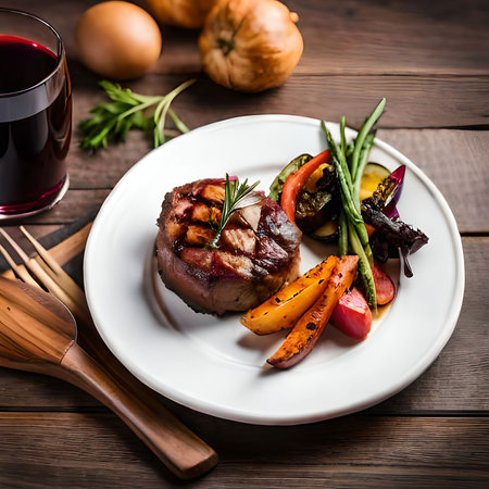 Grilled beef fillet with vegetables and red wine on wooden backgroundの素材