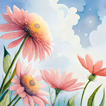 Pink daisies on a blue sky background. Watercolor illustration.の素材