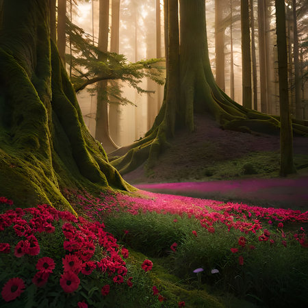 Mysterious forest with red flowers at sunrise, 3d renderの素材