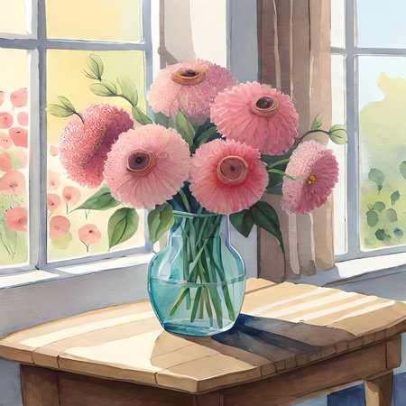 Bouquet of pink anemones in a vase on the table near the windowの素材