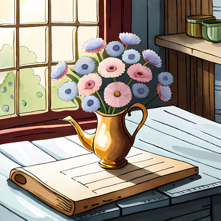 Illustration of a vase of flowers on the table near the windowの素材