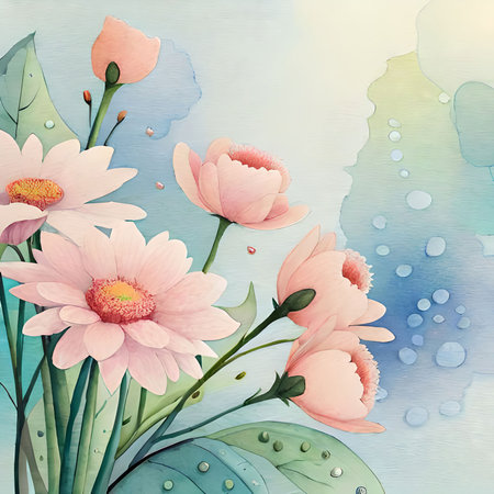 Watercolor floral background with pink gerbera flowers. Hand drawn vector illustration.の素材