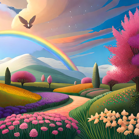 Spring landscape with flowers and rainbow in the sky. Vector illustration.の素材