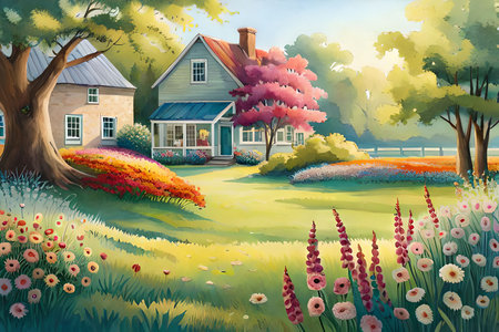 Cartoon summer landscape with blooming meadow, house and trees.の素材