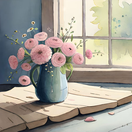 Vase with pink flowers on the windowsill. Watercolor illustrationの素材
