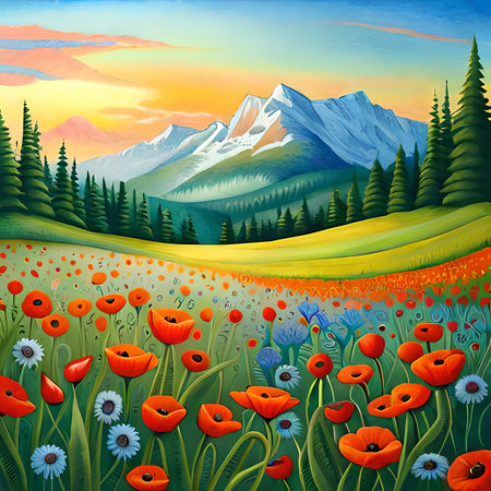 Beautiful spring landscape with meadow of poppies and mountainsの素材