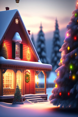 Christmas house in the snowy forest with christmas tree and garlandsの素材