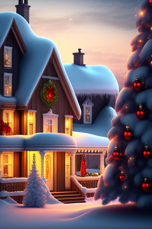 Christmas house with christmas tree in the snow at night 3d illustrationの素材
