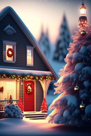 3d illustration of christmas house with christmas tree and lightsの素材