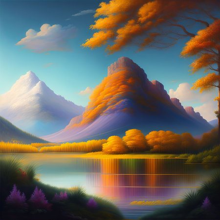 Beautiful autumn landscape with lake and mountains. Vector Illustration.の素材