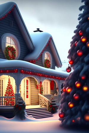 Christmas house with christmas tree and decorations. 3D illustration.の素材