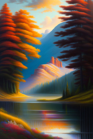 Mountain landscape with lake and pine trees. Digital art painting.の素材