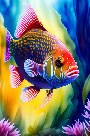 Colorful tropical fish on a colorful background. 3d illustration.の素材