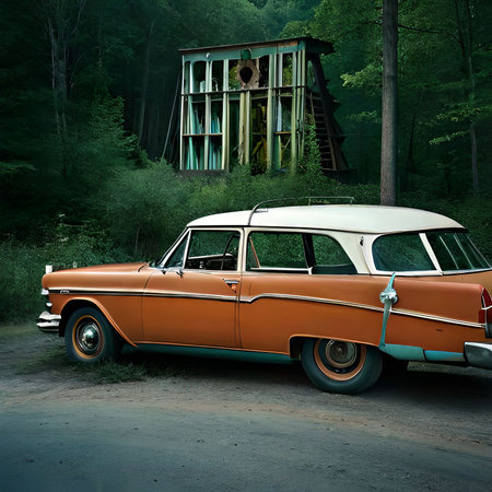 Vintage car on the road in the forest. 3d renderの素材