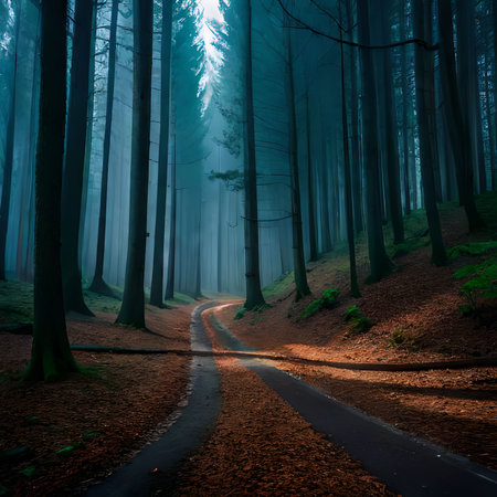 Mysterious dark forest with fog and road. Halloween concept.の素材