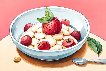 Illustration of a bowl of fruit salad with strawberries and bananas.の素材