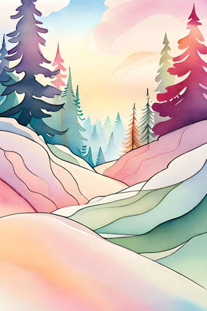 Winter landscape with mountains and coniferous forest. Watercolor illustration.の素材