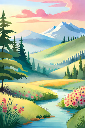 Landscape with mountains, river and meadow. Vector illustration.の素材