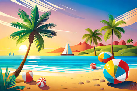 Beach background with palm trees and beach ball. Vector illustration.の素材
