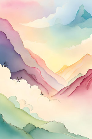 Mountain landscape in pastel colors. Watercolor hand drawn illustration.の素材