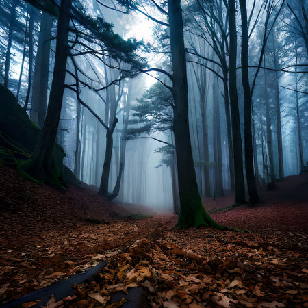 Mysterious foggy forest with trees and path in the foregroundの素材