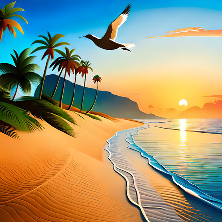Beautiful seascape with palm trees and sunset. Vector illustrationの素材