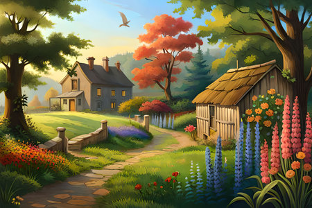 Beautiful summer landscape with cottage and flowers - illustration for children.の素材