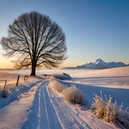 beautiful winter landscape with a lonely tree on the background of snowy mountainsの素材