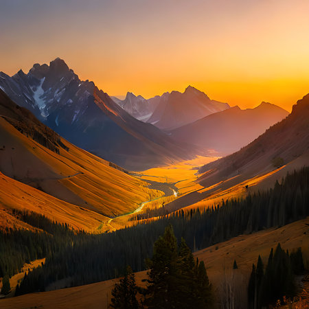 Sunset in the mountains. Sunrise in the mountains. Mountain landscapeの素材