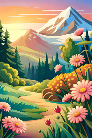 Beautiful landscape with flowers and mountains at sunset. Vector illustration.の素材