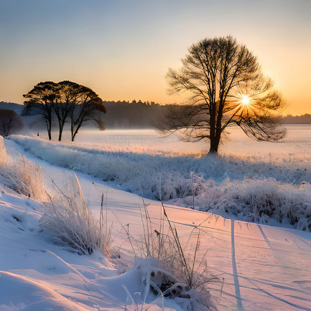 Beautiful winter landscape. Sunrise over the frozen field and trees.の素材