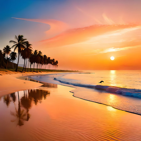 Beautiful tropical beach and sea with coconut palm tree at sunrise time for travel and vacationの素材