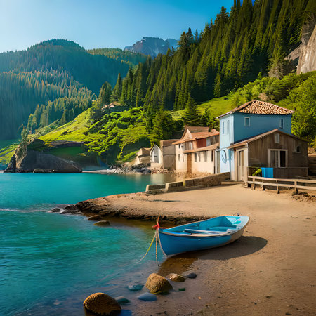Fishing boat on the shore of Lake Misurina, Italyの素材