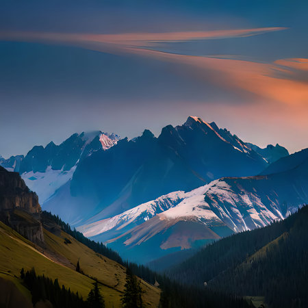 Mountain landscape with snow-capped peaks at sunset. Caucasus, Russiaの素材