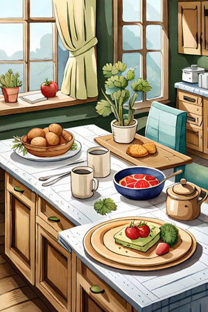 Illustration of a kitchen interior with a large window and a table full of foodの素材