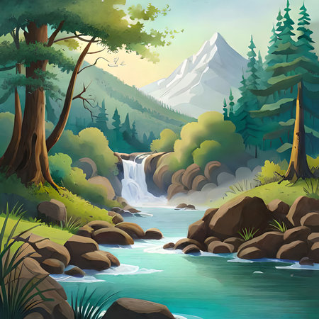 Waterfall in the forest. Vector illustration of a beautiful landscape.の素材