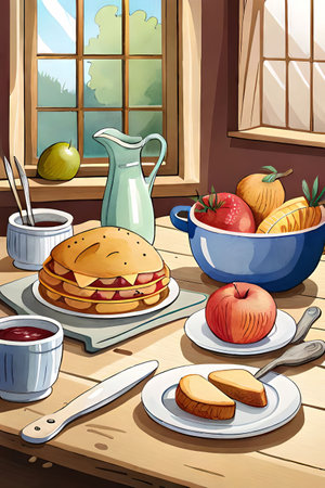 Illustration of a table full of food in front of the windowの素材