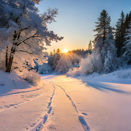 Winter landscape with snow-covered road in the forest at sunset.の素材