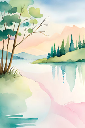 Landscape with lake and trees. Watercolor painting. Vector illustration.の素材