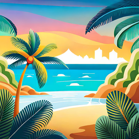 Beautiful tropical beach with palm trees, sand, sea and sunset. Vector illustrationの素材