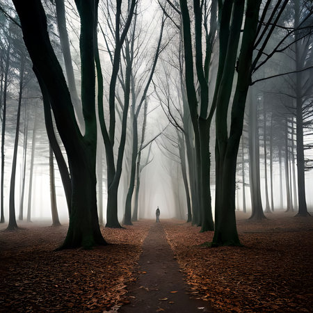 Man walking in a mysterious forest in a fog. Halloween concept.の素材